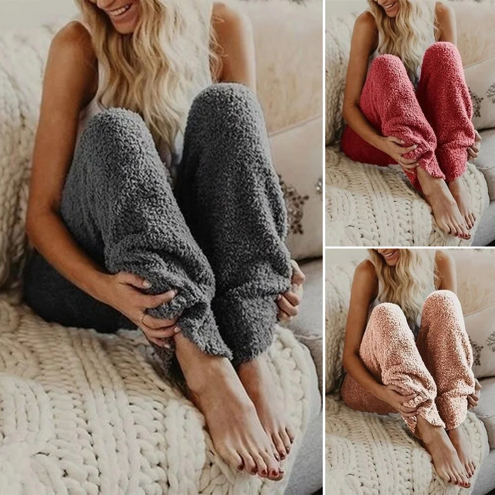 2019 Women's Nightwear New Solid Color Fleece Pants Causal Sleepwear Long Loose Sofe Plush Trouser Soft Bottoms Loungewear | Женская