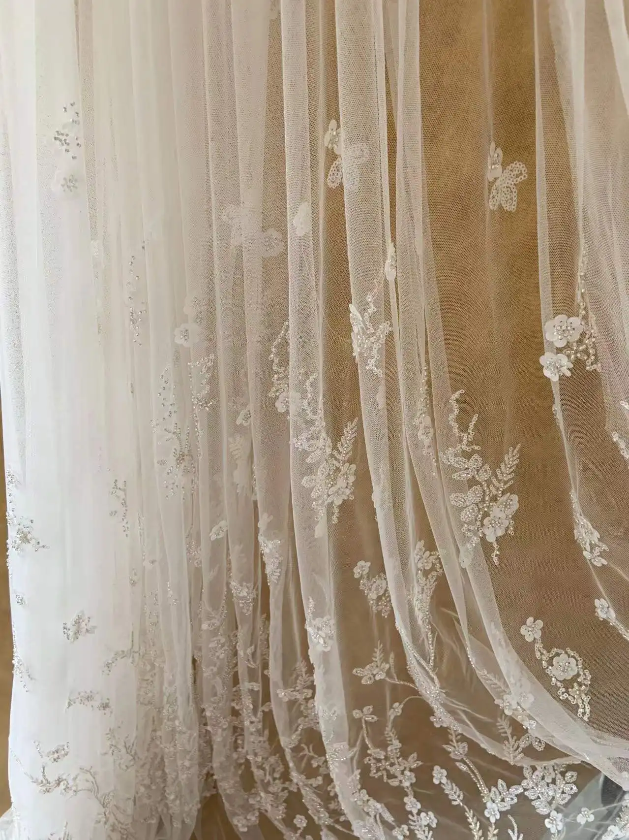 

1 Yard Off White Bead Floral Tulle Lace Fabric with Sequined Flowers Branches for Dress, Couture,Curtain