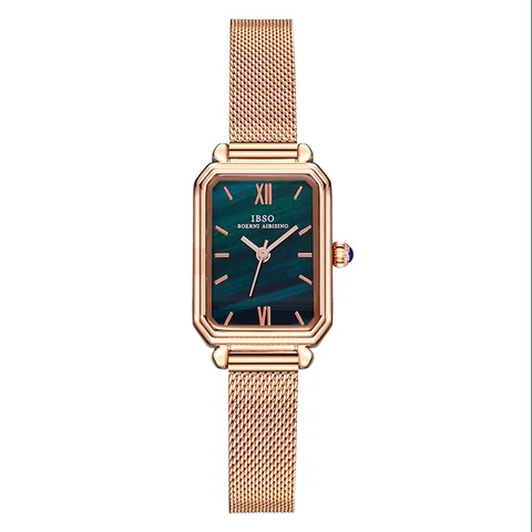 Часы наручные IBSO женские кварцевые, роскошные модные элегантные прямоугольные с сетчатым браслетом из нержавеющей стали, зеленые золотистые