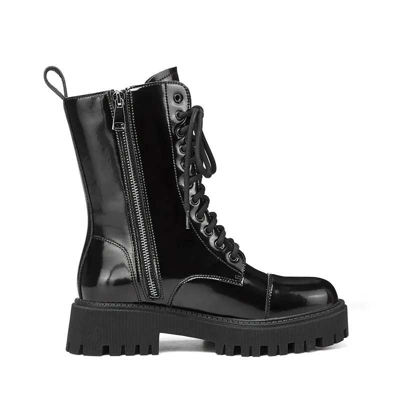 

Luxury Brand Designer Genuine Leather Shoes Women Chunky Heels Platformed Motorcycle Boots Punk Zipper Cross Tied martin boots