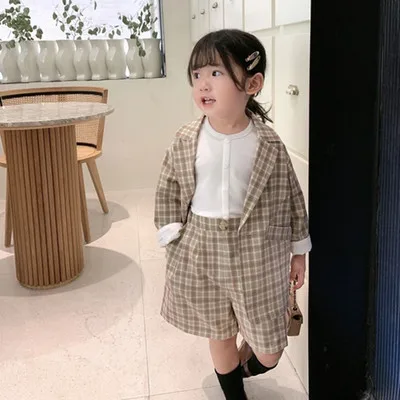 

Children's Spring Clothing Sets 2021 New Korean Style Baby Girl Blazer Suit Children's Suit Plaid Jacket Shorts 2pcs Fashion Set