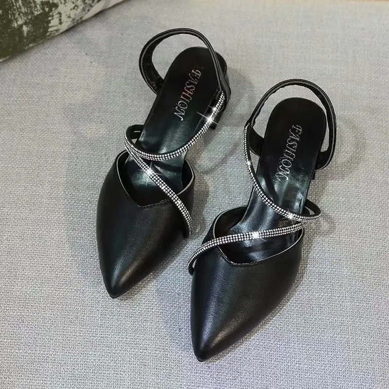 

Sandals female pointed thick heel beige rhinestone fairy style 2021 summer soft leather shallow mouth mid-heel high heels