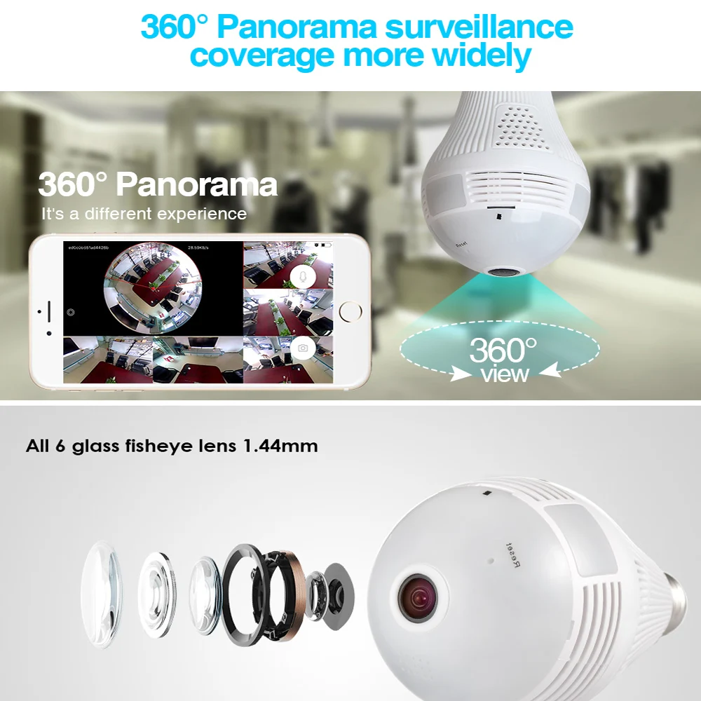YUNSYE 360 градусов Светодиодная лампа 1080P Беспроводная панорамная Домашняя