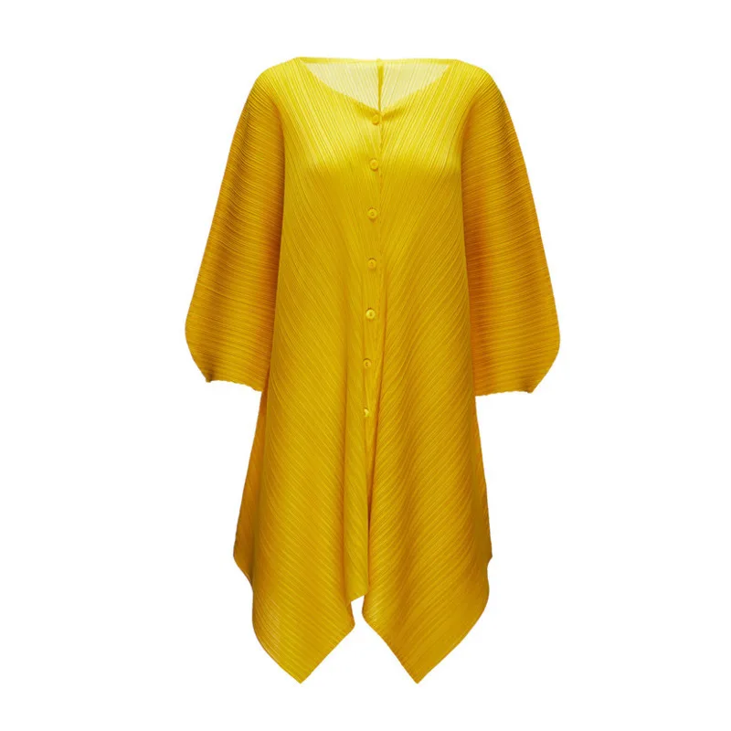 

LANMREM 2021 Autumn Summer Single Breasted Pleated Dresses Female Loose V Neck Irregular Dress Stretch New YJ137