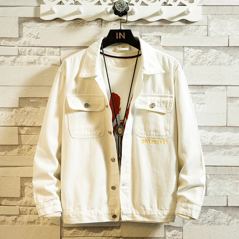 

2021 Spring New Men'S White Denim Cotton Jacket Hong Kong Style Trendy Fashion Tooling Casual Loose Cowboy Coat Male Brand Tops