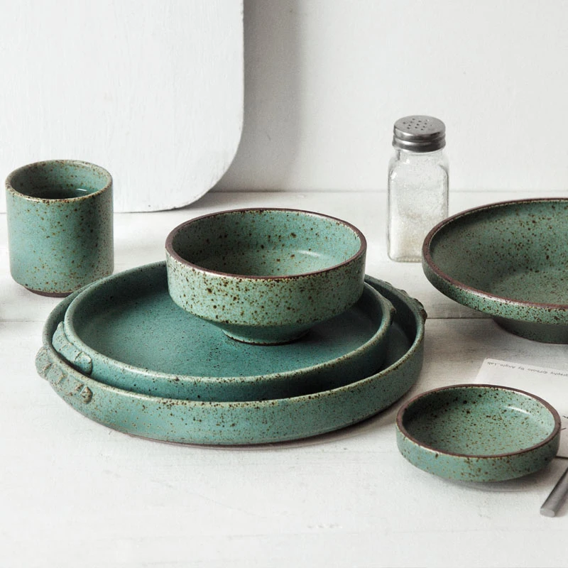

Guopin Japanese Green Color Retro Handmade Ceramic Plates Single Home Restaurant Teacup Round Steak Plate Rice Salad Bowl