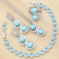 925 sterling silver bridal jewelry set blue pearls white cz for women wedding bracelet earrings ring pendant necklace set