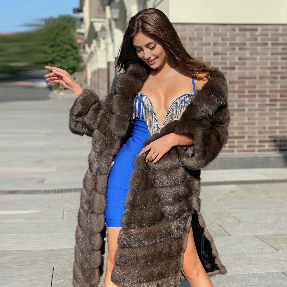 

2021 New Whole Skin Genuine Fox Fur Coat Lapel Collar Dark Sable Color Outfit Winter Fahsion Real Fox Fur Coat for Women Outwear