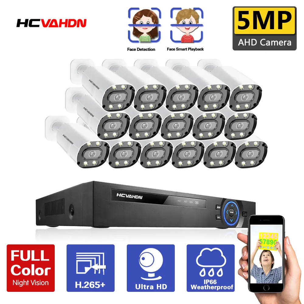 

HCVAHDN AHD DVR 16CH Security Camera System 5MP HD Camera Waterproof Full Color Night CCTV Video Surveillance Camera Kit