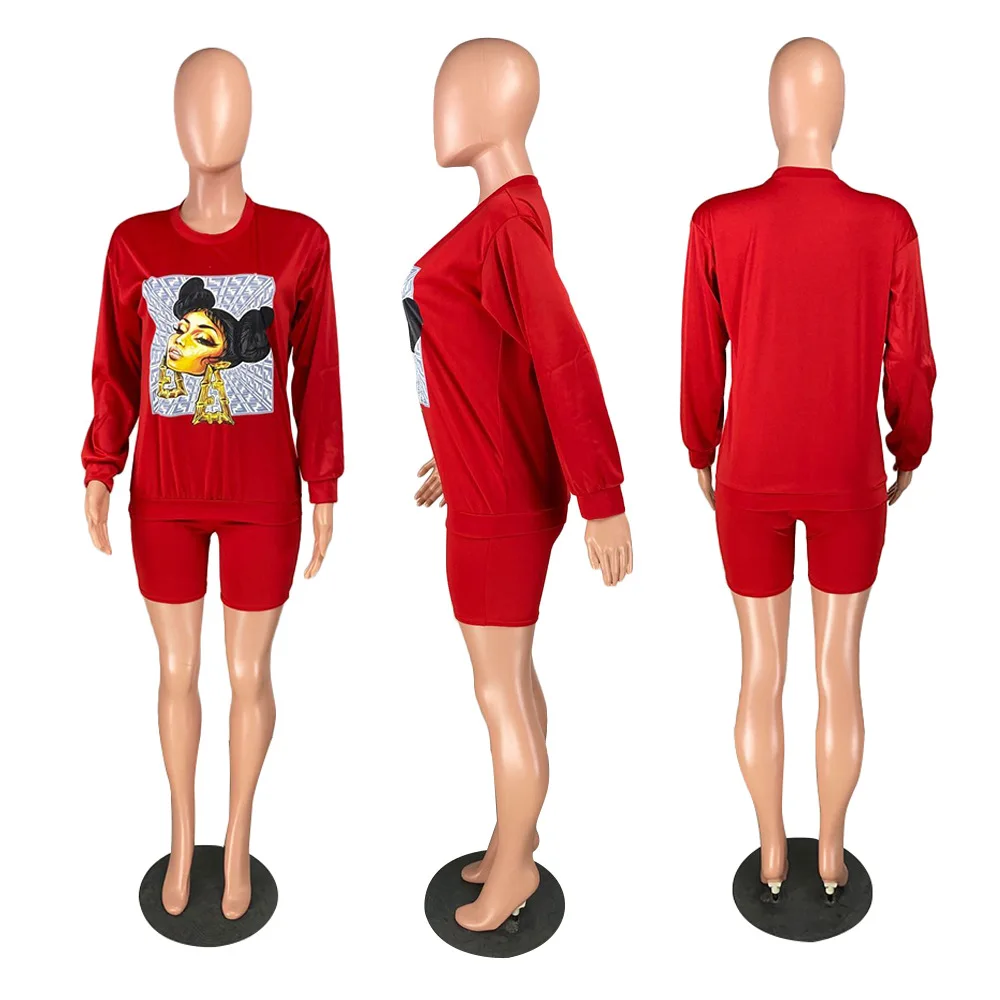 

Women Fashion Casual Suit Cartoon Print Sexy Long Sleeves O-Neck Leisure Tops Shorts Set European and American Two Piece Sets
