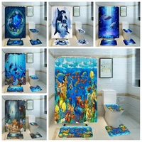 blue dolphin ocean design waterproof fabric bathroom 3d shower curtain 4pc set with antislip toilet cover rugs kid bath decor
