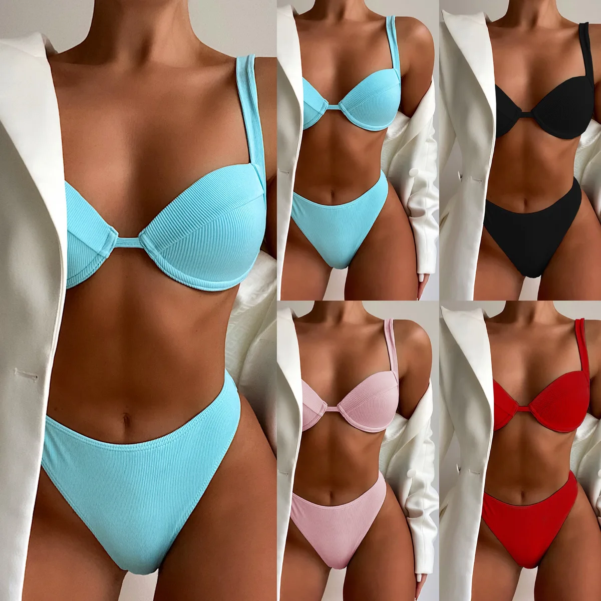 

Beach Ribbed Solid Underwire Bikinis Swimwear Push Up Monokini Bra High Waist Thong Bathing Suits Summer Biquinis Swimsuits