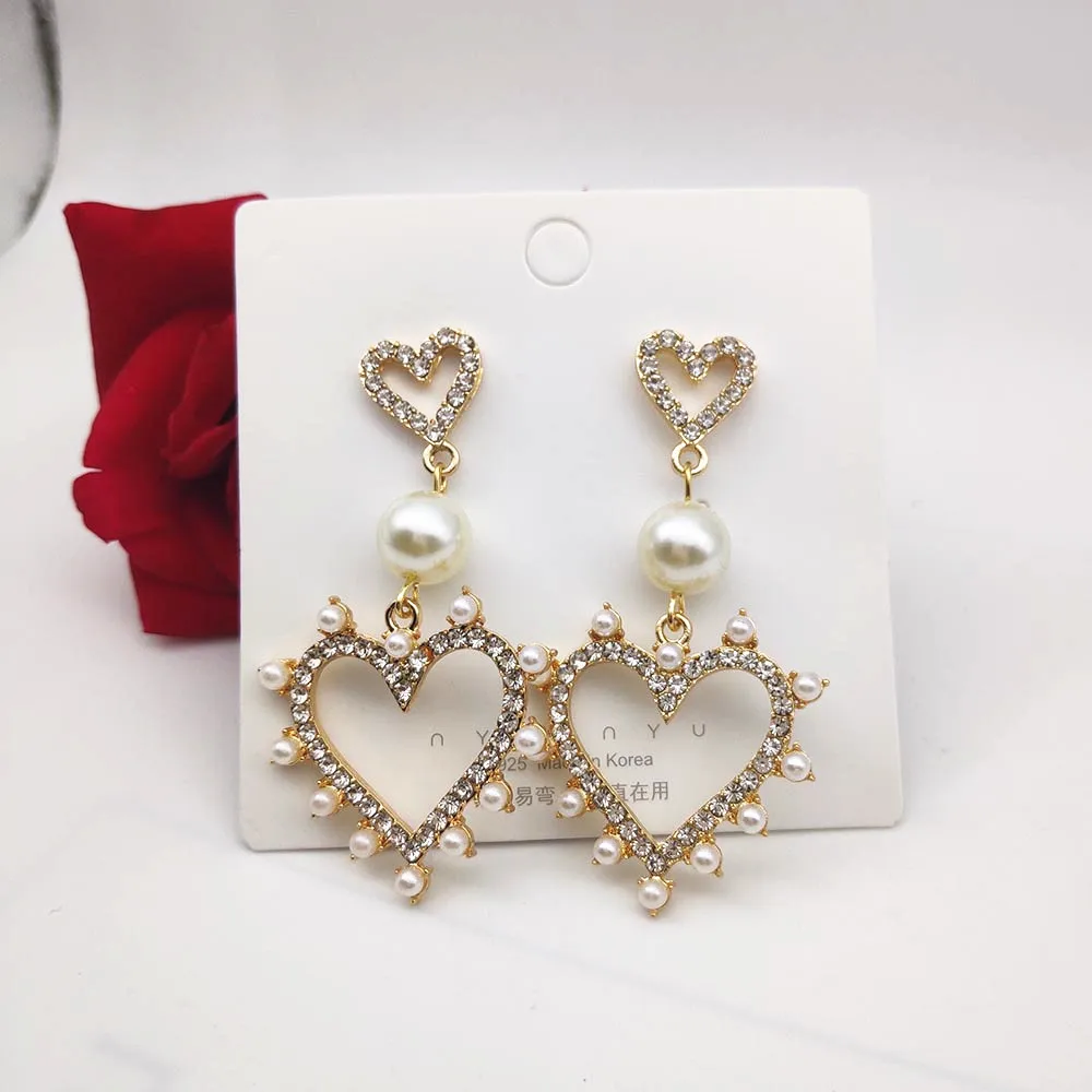 

New heart-shaped pendant imitation pearl earrings crystal earrings big earrings