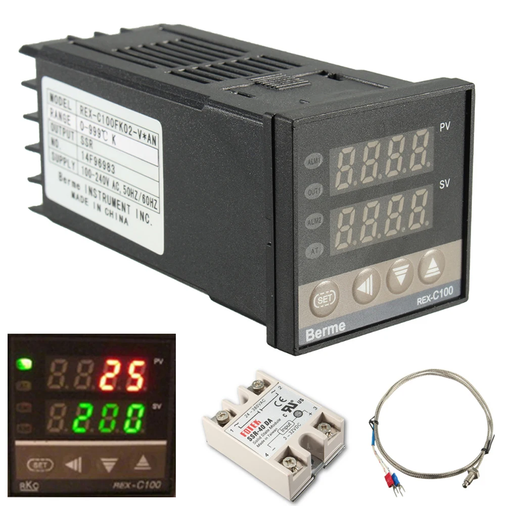 

Digital 220V PID REX-C100 Temperature Controller + max.40A SSR + K Thermocouple, PID Controller Set + Heat Sink