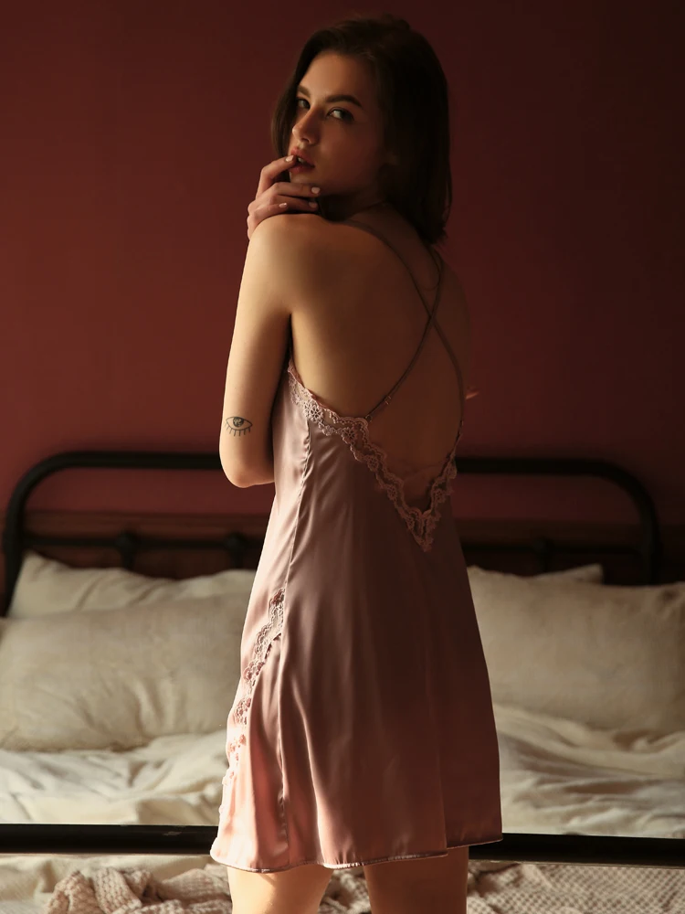 Сексуальная женская летняя ночная рубашка одежда для сна шелковая атласная с V