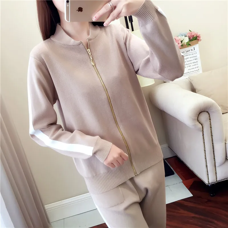 Спортивный костюм женский осенний модный вязаный костюм женский корейский спортивный свитер от ветра Двухсекционный студенческий дикий вязаный брюки осень