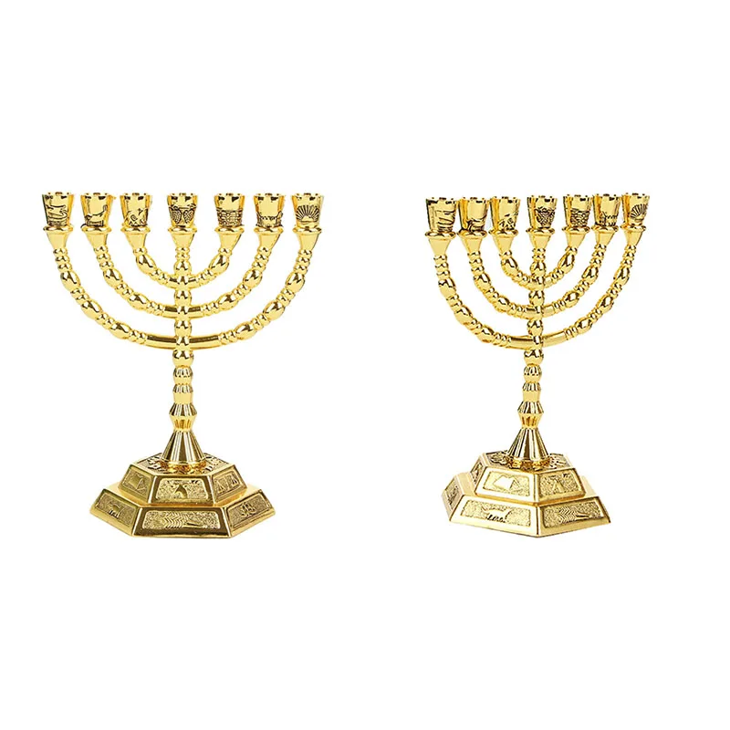 

Golden Jewish Menorah Candle-Holders Religions Candelabra Hanukkah Candlesticks 7 Branch Menorah