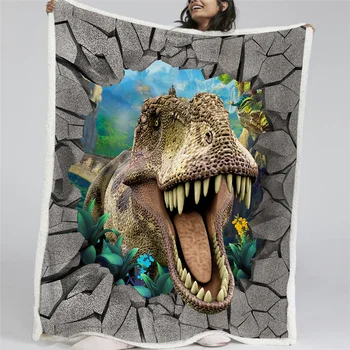 BlessLiving Jurassic Throw Blanket 3D Dinosaurs Kids Blanket For Bed Tropical Leaf Custom Blanket Tyrannosaurus Plush Bedspreads 2