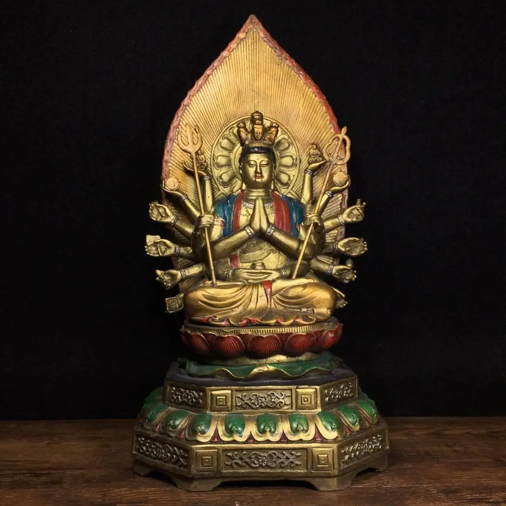 

Home Decor 12" Tibet Buddhism Temple Old Bronze Painted Zhunti Buddha Statue Thousand-Hand Guanyin Statue Amitabha