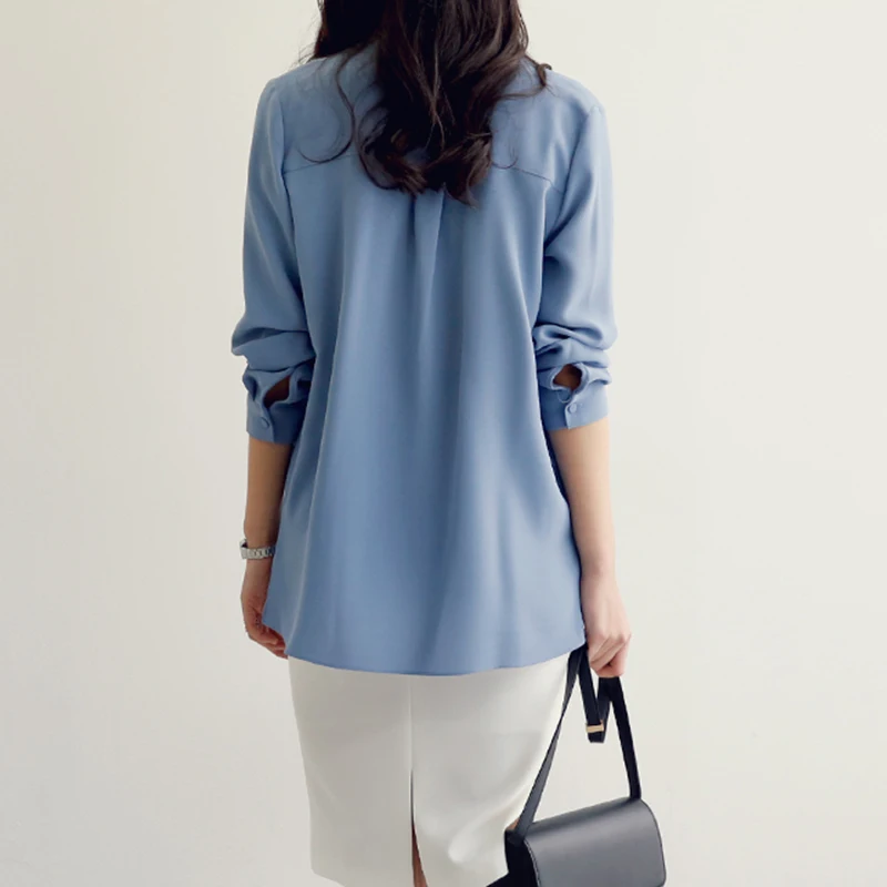 

Casual White Blue Chiffon OL Blouse Shirt Top Blusas 2021 New Spring Summer Long Sleeve Blouse Women Tops