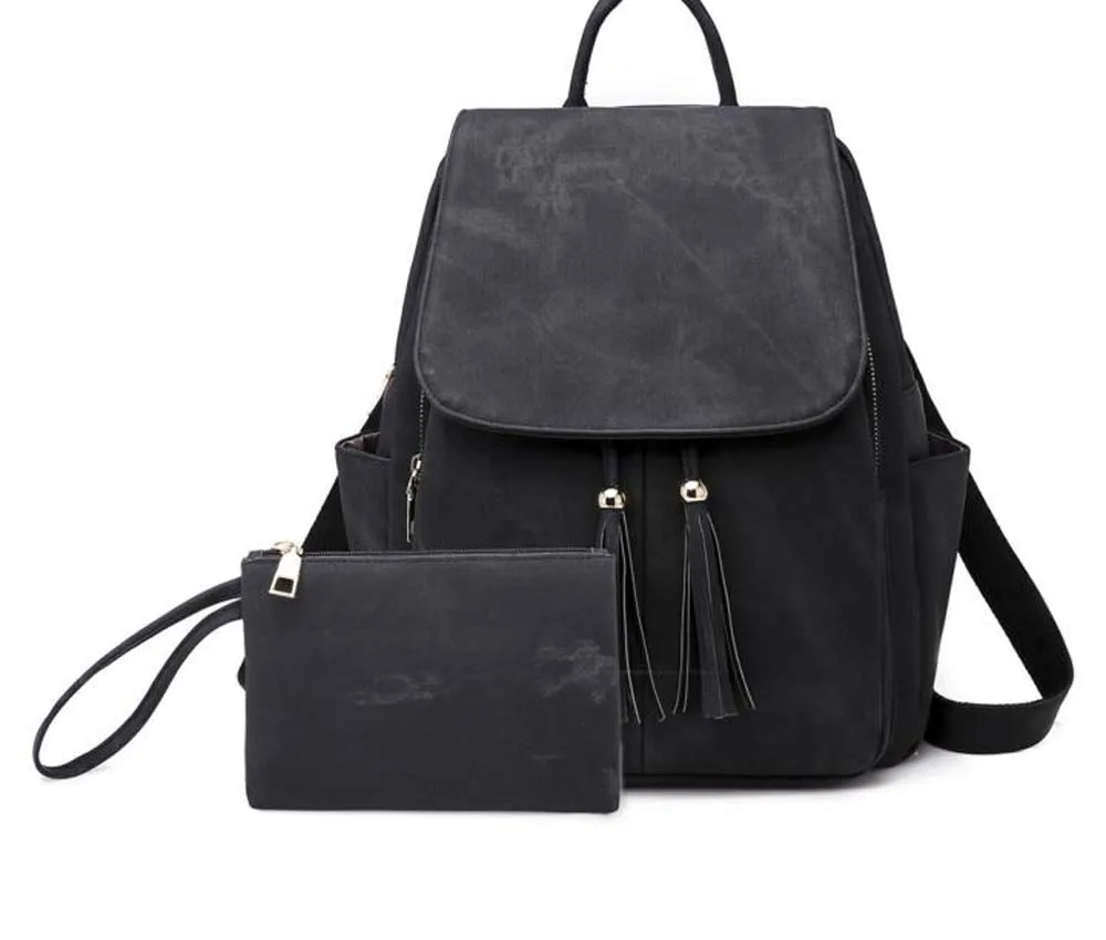 

Free Shipping New Fashion Women's Pu Leather Double Shoulder Travel Bags Tassels Style High Capacity Backpack With Purse