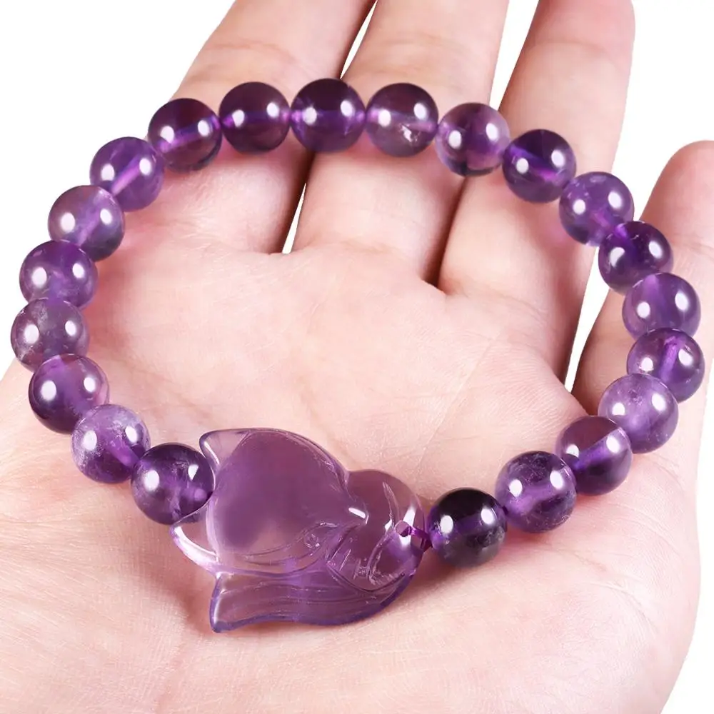 SUNYIK Natural Crystal Bracelet for Women Gift,Hand String 8mm Stone Round Beads with Fox Pendant Lucky Beauty Crystal Jewelry