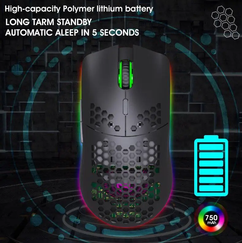 

RGB Light Hole Gaming Mouse 2.4G Wireless 750mAh Rechargeable 800/1600/2400/3600dpi 6 Keys Photoelectric Computer Gamer Mice