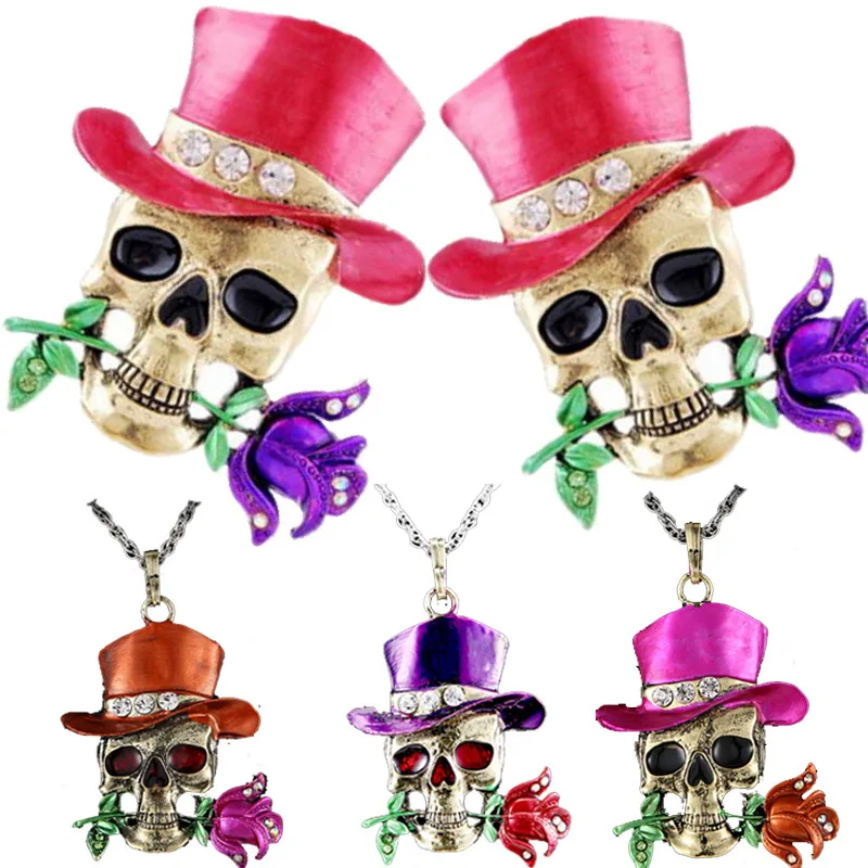 

New Vintage Skull Head Rose Flower Pendant Necklaces for Women Rhinestones Sweater Chain Skeleton Necklace Halloween Jewelry