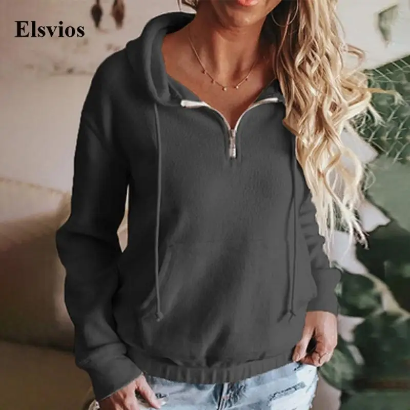 

Женский Повседневный пуловер на молнии, осенняя кофта с длинным рукавом, в стиле Харадзюку, толстовка с капюшоном, зимняя, однотонная, мягка...