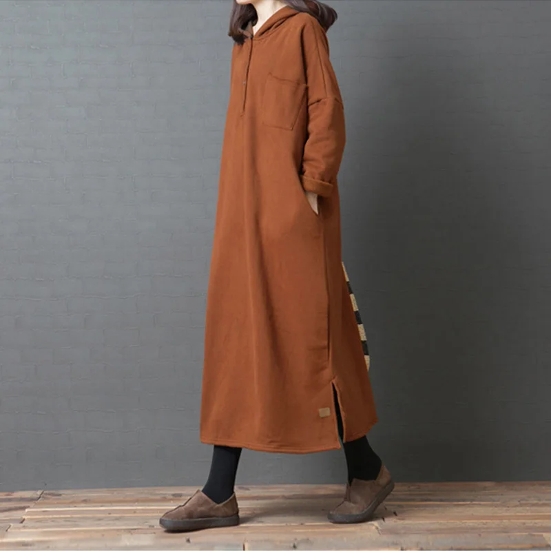 Осеннее модное женское платье с капюшоном длинным рукавом повседневное