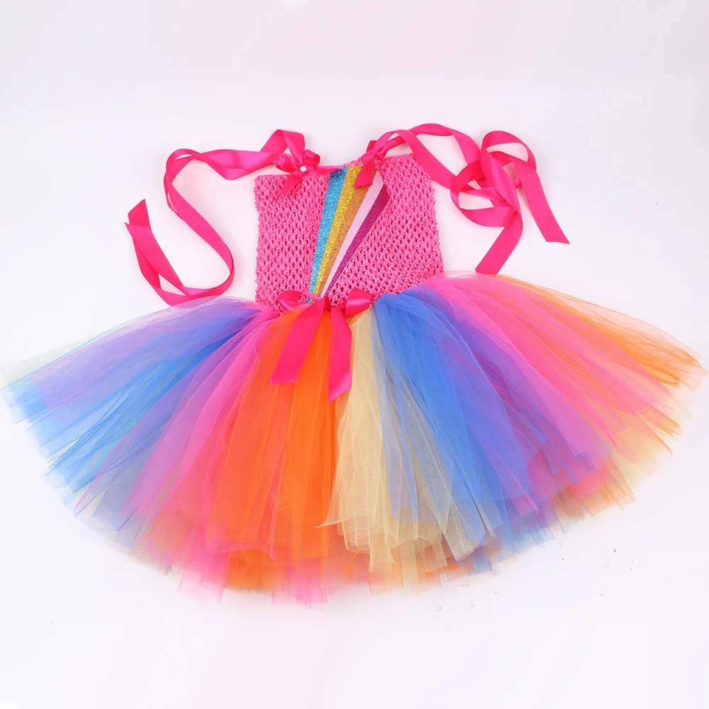 

Sweet Jojo Siwa Tutu Dress with Hair Bow Girls Tulle Rainbow Princess Dress Costume Kids Party Birthday Dress Children Clothing
