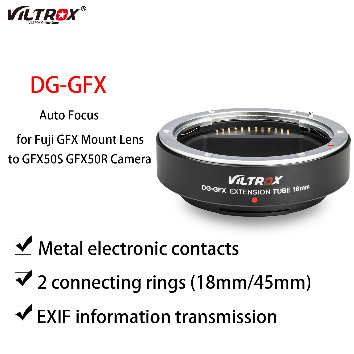 Удлинительное Кольцо для объектива с автофокусом VILTROX DG-GFX, 18 мм, для крепления объектива Fujifil Fuji GFX и камеры GFX50S GFX50R