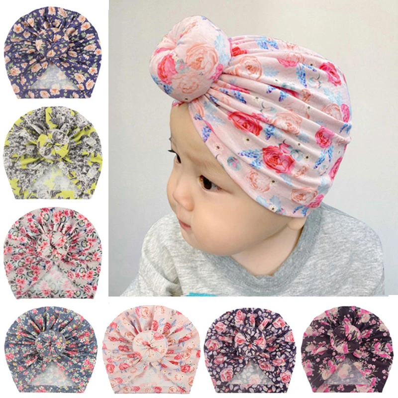 

Cute Flower Print Donuts Bow Baby Hat Cotton Kids Infant Toddler Caps Newborn Baby Hospital Hat For Boy Girl Accessories