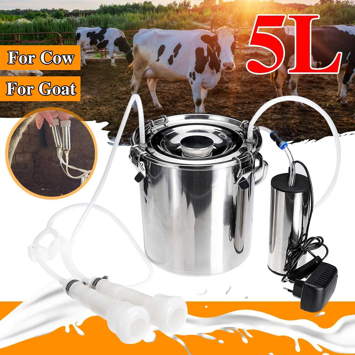 

5L Electric Milking Machine Cow Goat Sheep Stainless Steel Bucket Suction Milker Vacuum Pump Household Milking Machines
