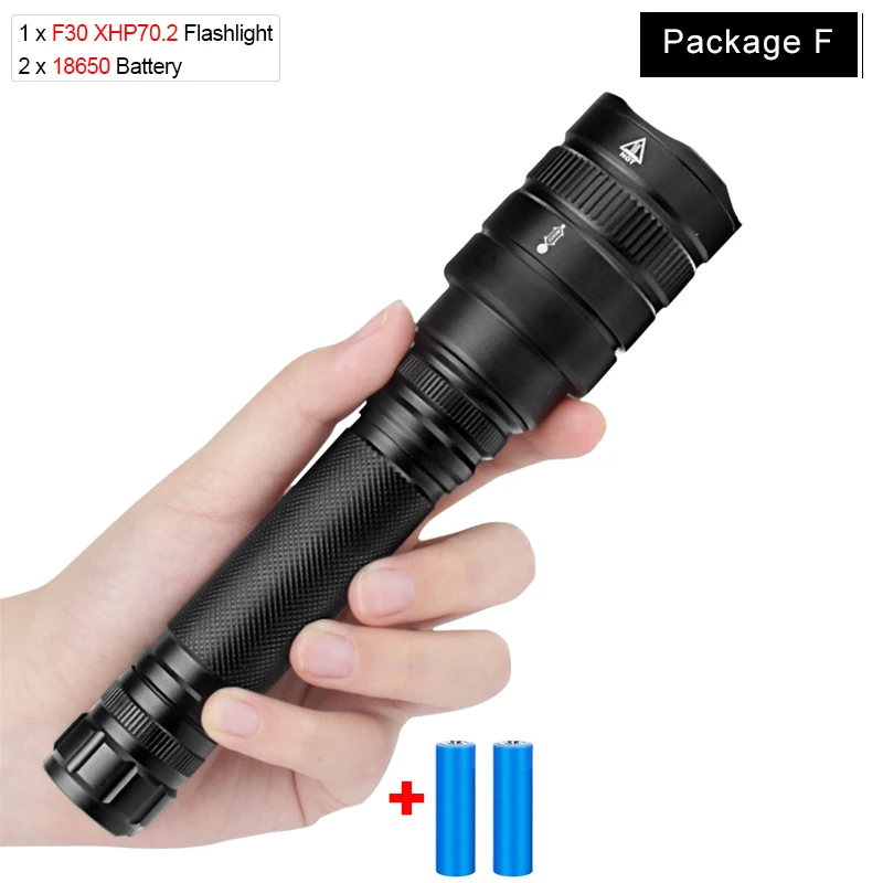 Package F Яркий светодиодный фонарь XHP70.2, мощный фонарь, перезаряжаемый через USB, светодиодный фонарь XHP70 XHP50, фонарик с зумом, аккумулятор 18650 - Испускаемый цвет: Package F