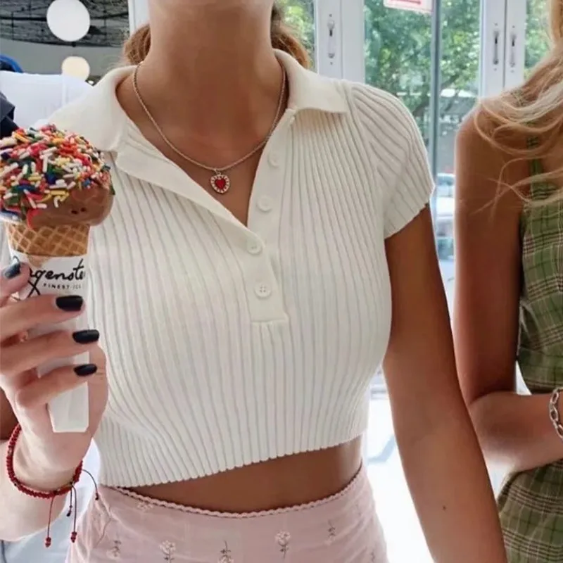 

Женская хлопковая футболка с коротким рукавом, однотонная белая трикотажная футболка с отложным воротником, летний сезон 2021