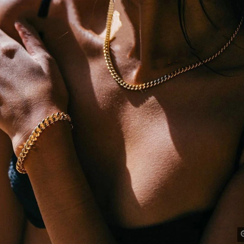 

Women Cuban Chain Necklaces, 3/5/7mm Gold Color Solid Stainless Steel Chokers, Classic Simple Vintage Girls Neck Collar