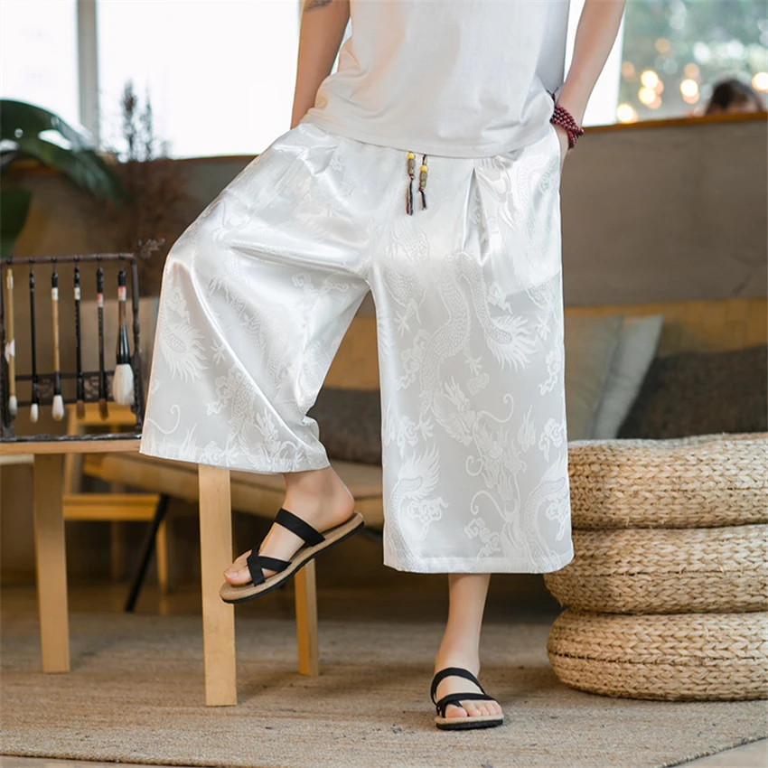 

Japanese Samurai Men Pants Dragon Print Satin Summer Wide Leg Trousers Solid Color Harajuku Streetwear Black White Plus Size