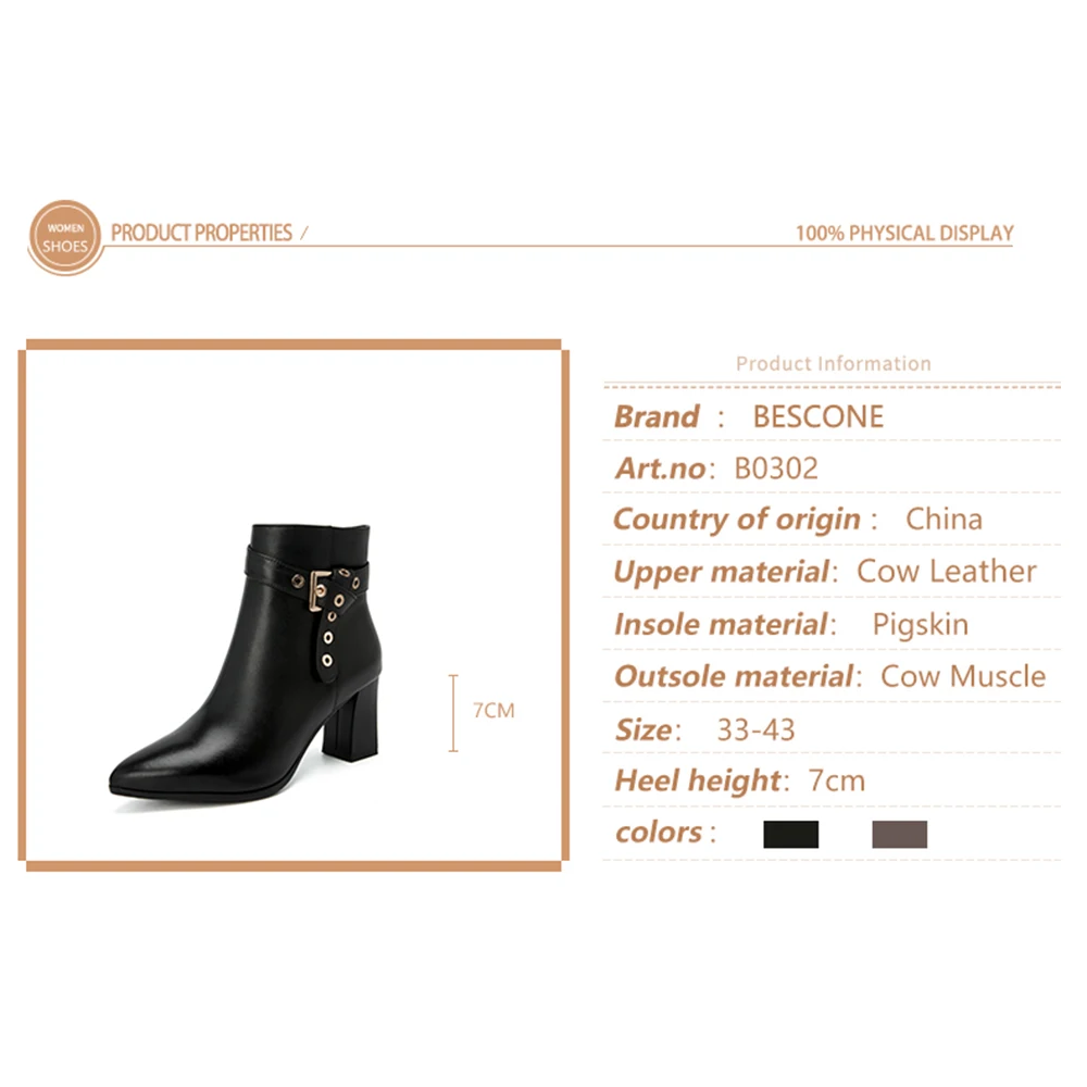 

BESCONE Sexy Pointed Toe Ladies Boots High Quality Genuine Leather Handmade Square Heel Shoes Casual High Heel Women Boots BO302