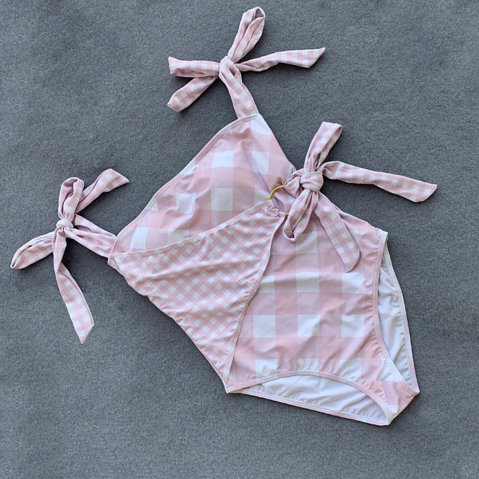 Женский цельный купальник бандажный с завязками клетчатый комбинезон бандо