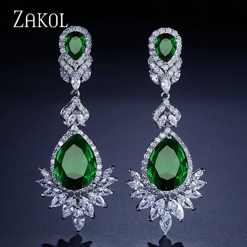 Green Earrings ZAKOL высокое качество большая капля синий кубический цирконий лист серьги ожерелье набор украшений для женщин свадебное вечернее платье FSSP2014 - Окраска металла: Green Earrings