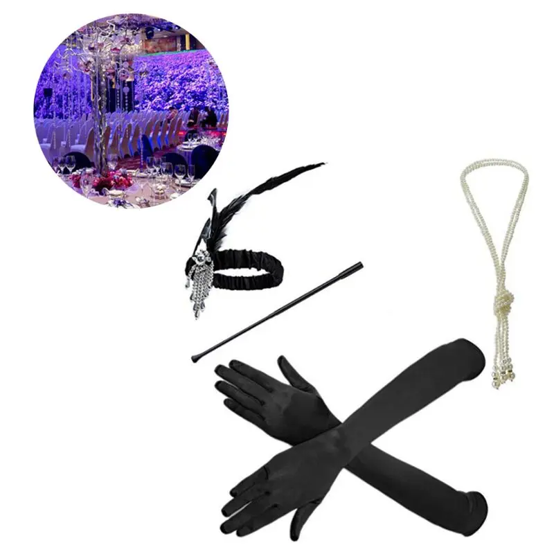 

1Set Headband Pearl Necklace Gloves Costume Flapper Suit for Masquerade Party Decorative Accessories
