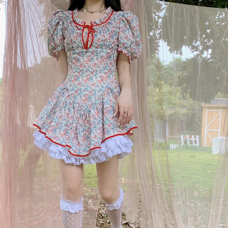 

Floral Retro Vintage Dress Pastoral Chic Girls 2021 New Design Holiday Date Beach Elegant Long Dress Y834