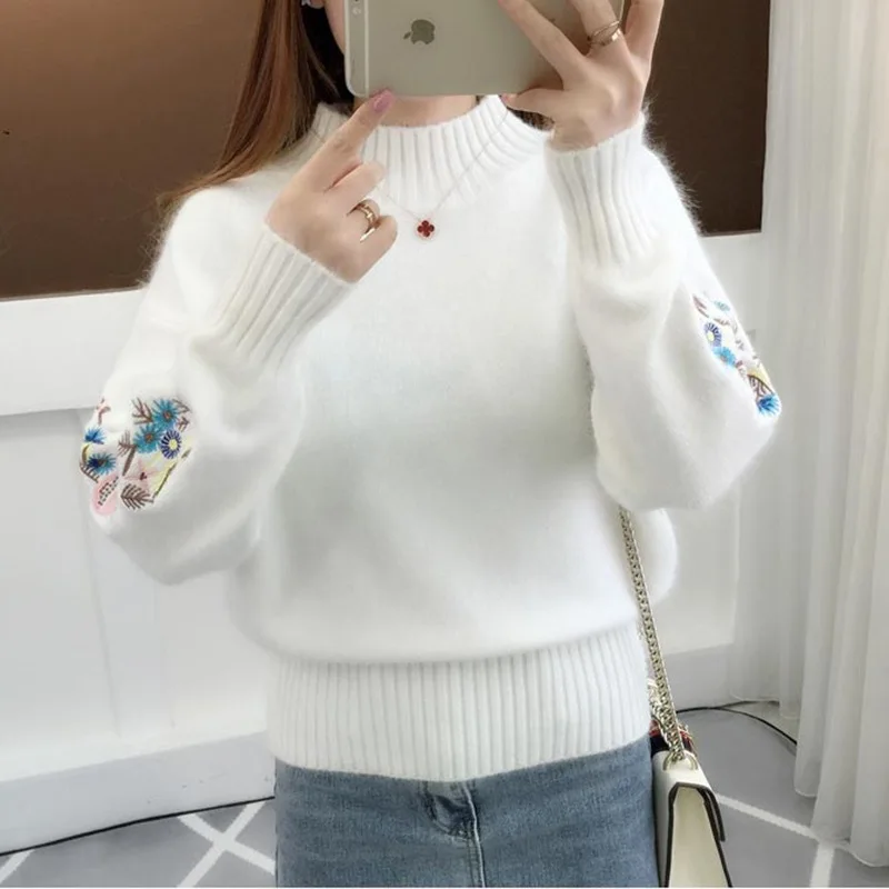 

2021 Autumn Winter Clothes Women Korean Fashion Women's Sweater Mock Neck Turtleneck Embroidery Pullovers Long Sleeve Top Jumper