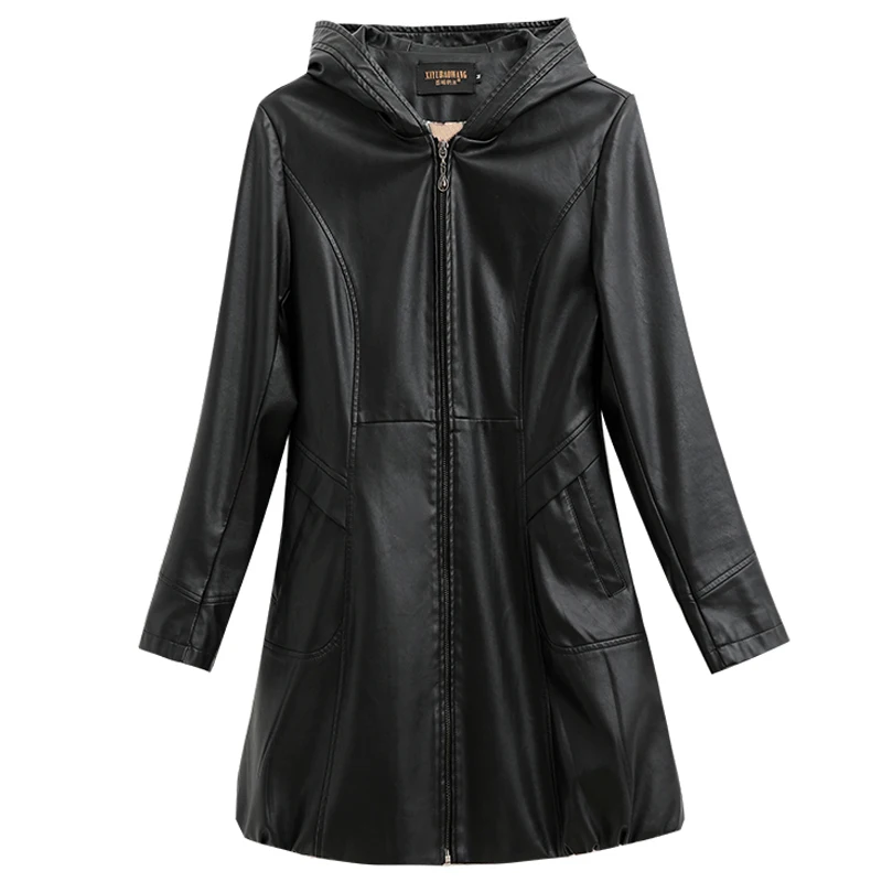 

Women Faux Leather Jacket Hooded 2020 New Autumn Winter PU Leather Trench Coats Women Zipper Long Coat High Quality Overcoat