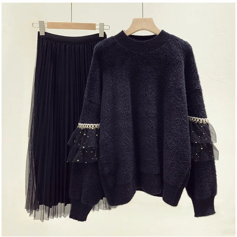 

Women's imitation mink wool sweater 2019 winter new Korean loose lazy wind mesh splicing loose pullover outerwear tide