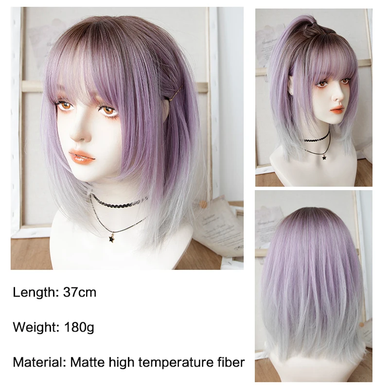 LANLAN Synthetic Mid-length Red Straight Wig With Bangs, Synthetic Heat Resistant Fiber Hair Short Wigs for Black/White Women