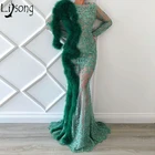 Великолепное зеленое вечернее платье Русалочки с длинным рукавом и аппликацией, меховое платье для выпускного вечера, вечерние платья vestidos, официальная праздничная одежда