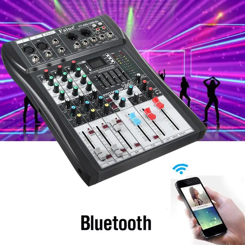 LEORY Profissional bluetooth 4 канала смесителя DJ контроллер с USB светодиодный Экран металлический DJ Mezclador диджейский пульт Беспроводной для аудио