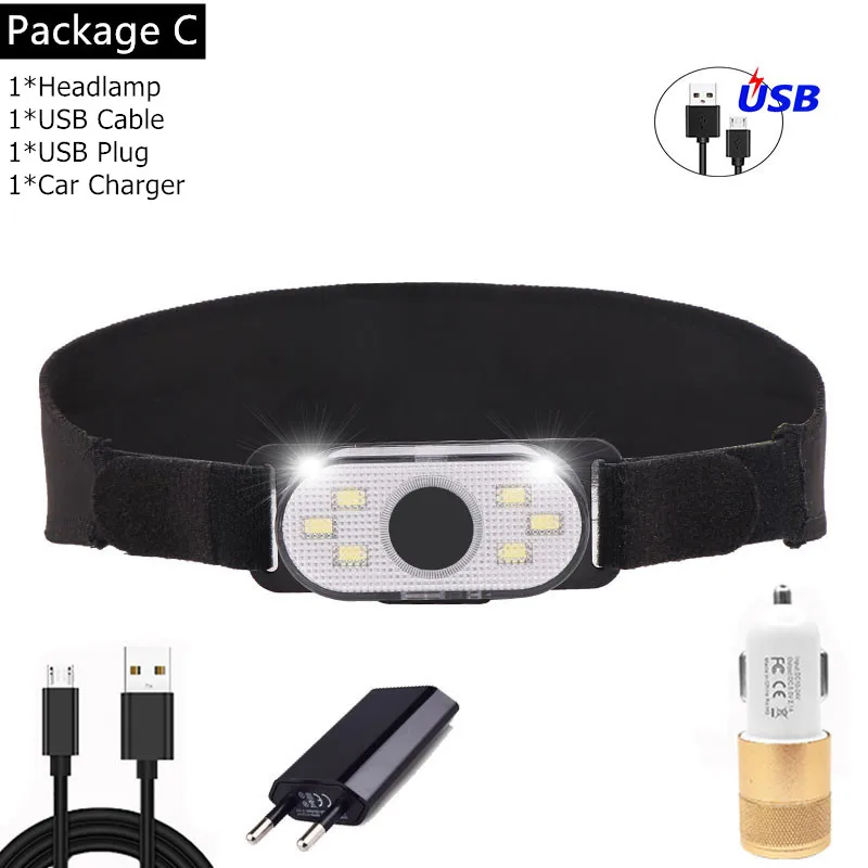 Package C 6000LM COB+ красный светодиодный головной светильник USB Перезаряжаемые налобный фонарь с Красный светильник на клипсе; крепящиеся к шляпе; головной светильник со встроенным Батарея - Испускаемый цвет: Package C